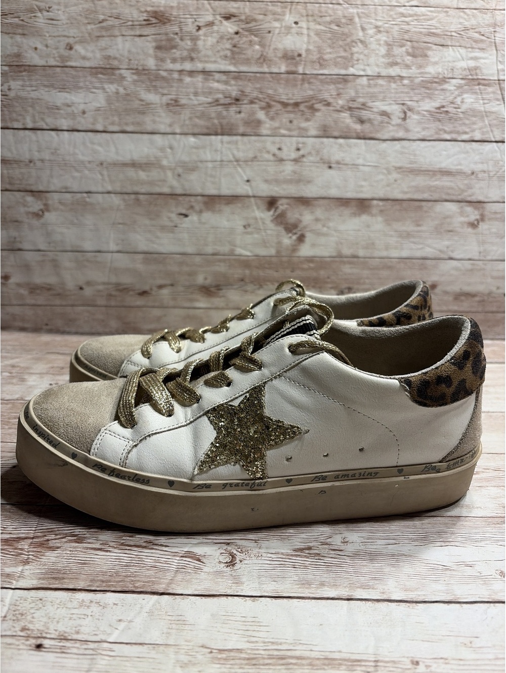 ShuShop Reba Size 8.5 White Leather Sneakers Cheetah Heel Gold Stars - Picture 4 of 13